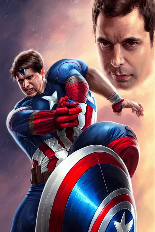 Image similar to Rahul Gandhi as Captain America , Captain America costume, Rahul Gandhi hairstyle, Captain America body type, Rahul Gandhi Face, calm, cute, portrait, baby figure, highly detailed, digital painting, artstation, concept art, smooth, sharp focus, illustration, cinematic lighting, art by artgerm and greg rutkowski and alphonse mucha