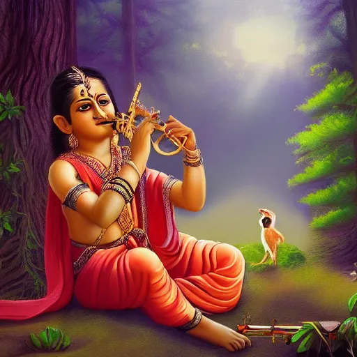 Image similar to photorelastic ,Young Krishna playing flute in forest and all animals listen his melodious music , Zoom out ,artstation, devainart ,illustration, scenery,