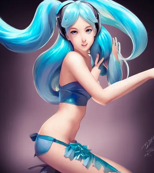 Prompt: Beautiful Hatsune miku by artgerm, rossdraws, magali villeneuve, Gil Elvgren, Earl Moran, Enoch Bolles, left arm down