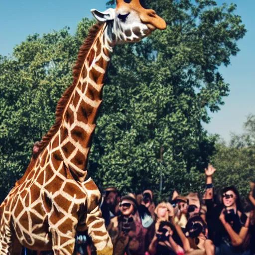 Prompt: a giraffe is standing on a big festival stage, singing, the crowd is cheering, photorealistic