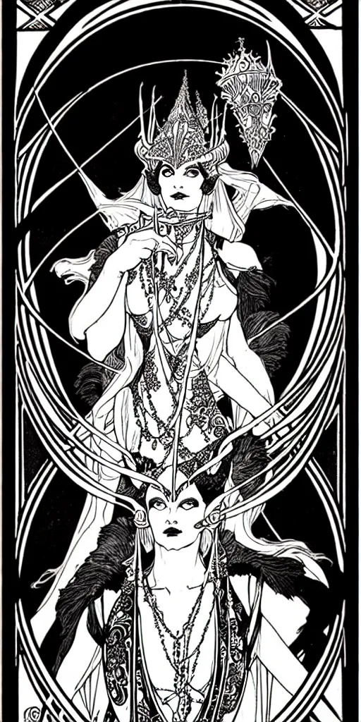 Prompt: a blacck and white illustration of the goblin queen by ambrose beardsley and mucha, high detail and fine lines, 8 k resolution