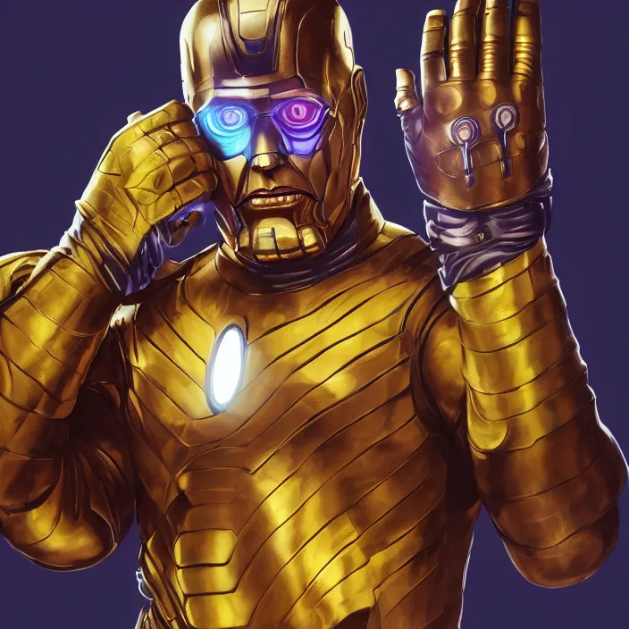 Prompt: portrait of Otto Waalkes, wearing The Infinity Gauntlet. Caricature artwork. trending on artstation, very coherent symmetrical artwork. avengers. thanos. cinematic, hyper realism, high detail, octane render, 8k, iridescent accents