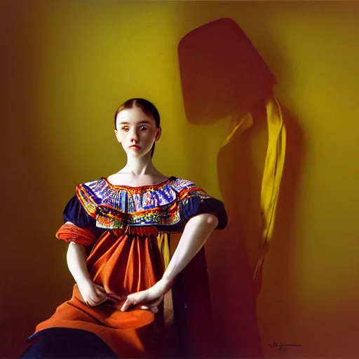 Prompt: hyperrealism photography in caravaggio style computer simulation visualisation of parallel universe sit - com scene with beautiful highly detailed ukrainian woman wearing ukrainian traditional shirt designed by taras shevchenko and woman wearing neofuturistic neural interface by josan gonzalez. hyperrealism photo on pentax 6 7, kodak portra 4 0 0 volumetric natural light - s 1 5 0