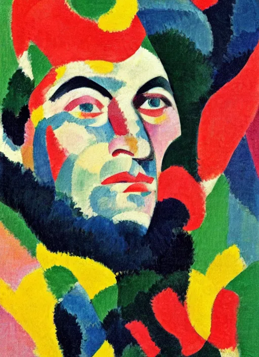 Prompt: an extreme close-up abstract portrait of a man enshrouded in an impressionist representation of Mother Nature and the meaning of life by Sonia Delaunay and Igor Scherbakov, abstract colorful lake garden at night, thick visible brush strokes, figure painting by Anthony Cudahy and Rae Klein, vintage postcard illustration, minimalist cover art by Mitchell Hooks