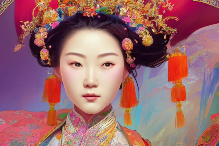 Prompt: close up portrait shot of a beautiful chinese princess wearing flowing colourful clothes, highly detailed face, detailed eyes, alphonse mucha, rhads, ross tran, artstation, artgerm, octane render, 1 6 k