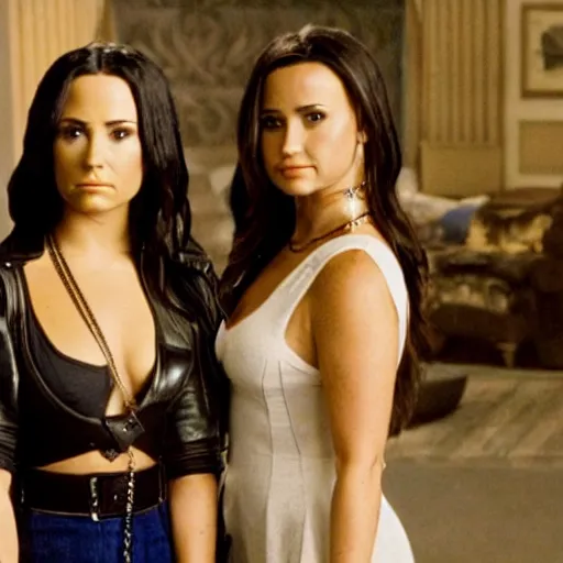 Image similar to close-up of Demi Lovato as Piper Halliwell and Selena Gomez as Phoebe Halliwell and Ariana Grande as Prue Halliwell in a Charmed movie directed by Christopher Nolan, movie still frame, promotional image, imax 35 mm footage