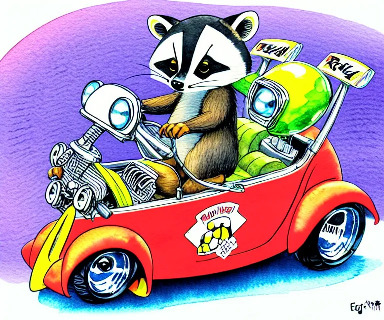 Image similar to cute and funny, racoon wearing a helmet riding in a tiny hot rod coupe with oversized engine, ratfink style by ed roth, centered award winning watercolor pen illustration, isometric illustration by chihiro iwasaki, edited by range murata