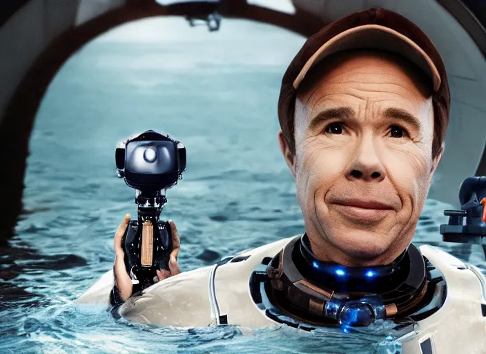 Image similar to film still of Clint Howard in water with robot as Cooper in Interstellar, 4k