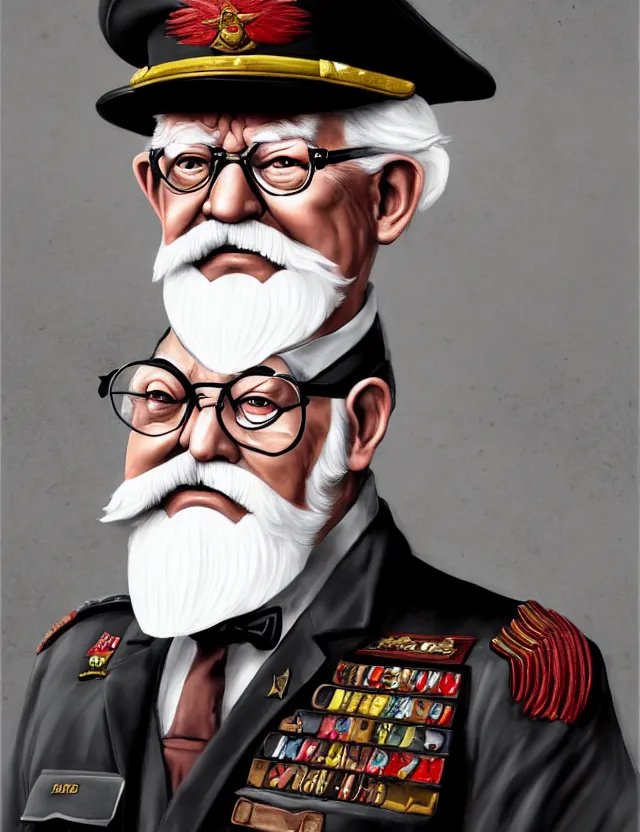 Image similar to a portrait of colonel sanders wearing a military uniform and a black eyepatch over his left eye, by moebius and tyler edlin and hr giger, trending on artstation, digital art, 4 k resolution, detailed, high quality, sharp focus, hq artwork, coherent, insane detail, concept art