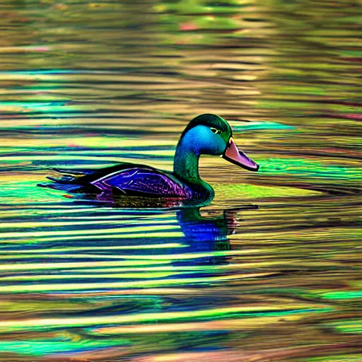 Prompt: a colorful iridescent mallard floating on a lake in the foothills of mount saint helens crater in the distance