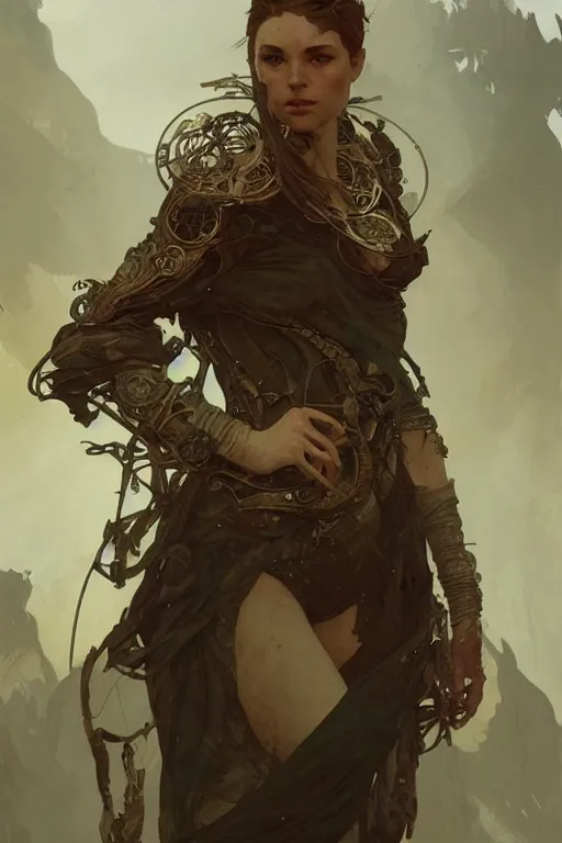 Prompt: A full portrait of a beautiful post apocalyptic celtic explorer, intricate, elegant, highly detailed, digital painting, artstation, concept art, smooth, sharp focus, illustration, art by Krenz Cushart and Artem Demura and alphonse mucha