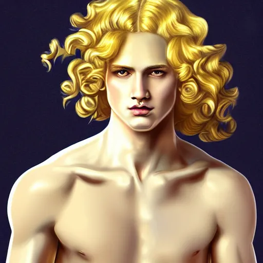 Prompt: Apollo the pale blond androgynous god of the sun, highly detailed, very very very curly golden blond hair, baroque drill curls, curtain bangs, central parted fringe, extremely luscious curly blond hair, very very very pale white skin, digital painting, artstation, concept art, soft light, sharp focus, illustration