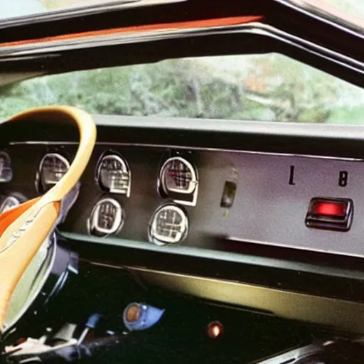 Image similar to 1970s car dashboard with small plastic dinos.