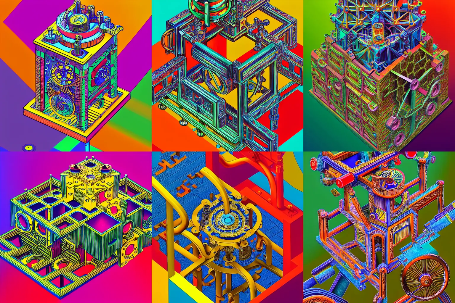 Prompt: a complicated time machine with sprockets and springs, high detail, intricate abstract, detailed abstract, isometric, optical illusion, cubism, bright colors, vivid colors, hyper detailed, high resolution, artstation, a tiny bit of M.C. Escher