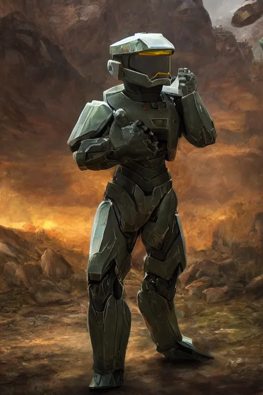 Prompt: golem pokemon playing as master chief, oil on canvas, intricate, 8 k highly professionally detailed, hdr, cgsociety