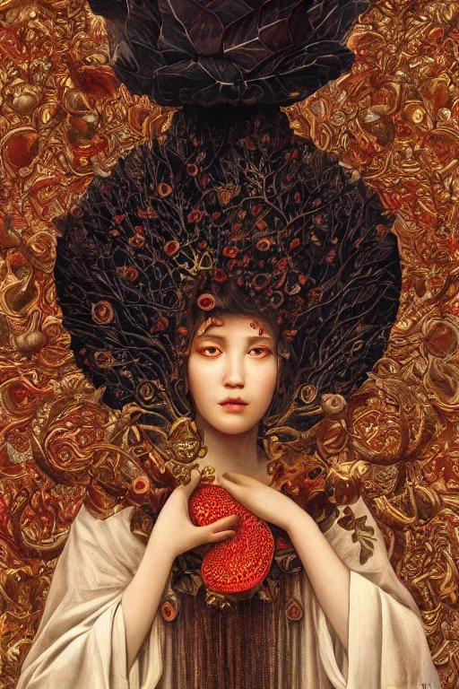 Prompt: breathtaking detailed concept art painting of the goddess of rafflesia arnoldii flowers, orthodox saint, with anxious, piercing eyes, ornate background, amalgamation of leaves and flowers, by Hsiao-Ron Cheng, extremely moody lighting, 8K