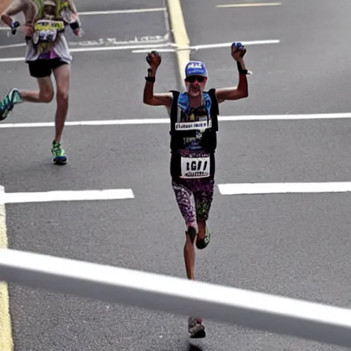 Image similar to A skeleton crossing the finish to win a marathon, award winning photograph,