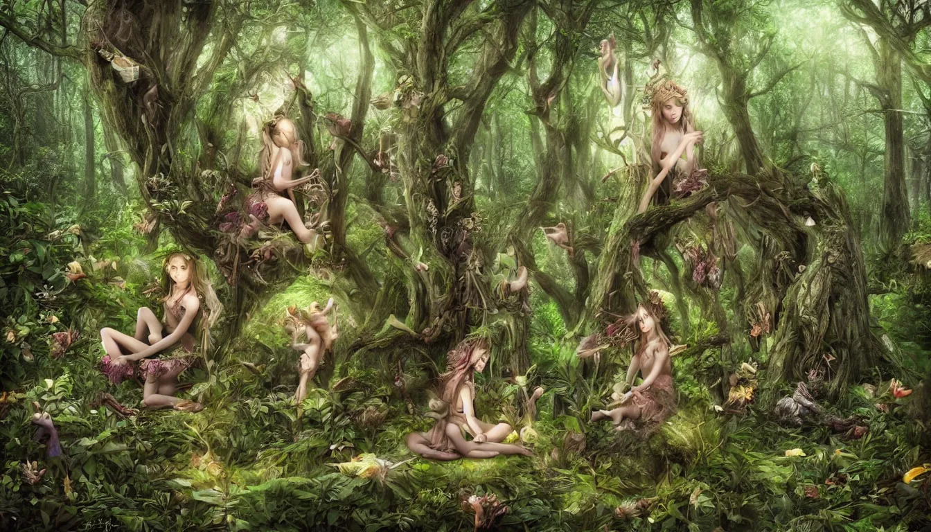 Prompt: sanctuary in the forest, there are fae playing amongst the trees, beautiful, surreal, highly detailed