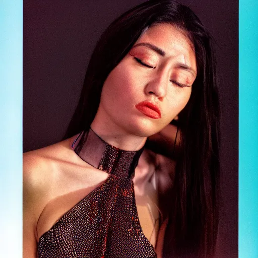 Image similar to Portrait photo of model Raquel Juarez posed in profile, eyes closed, natural makeup, studio lighting, highly detailed, cinestill 800t