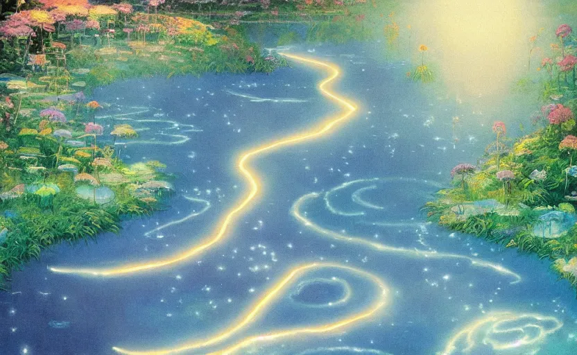 Prompt: A painting named A river of light that leads to God in colaboration with Studio Ghibli,