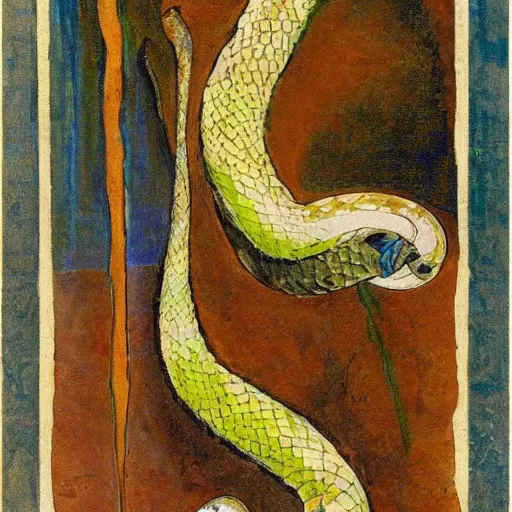 Image similar to A beautiful collage of a snake eating its own tail that seems to go on forever. electric color by Kurt Schwitters, by Henry Ossawa Tanner