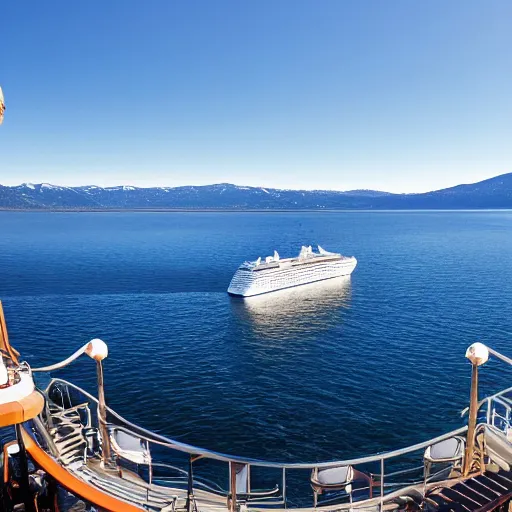 Prompt: a cruise ship in lake tahoe, wide angle shot