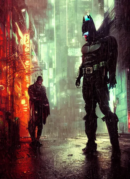 Prompt: cyberpunk batman, rule of thirds, russia, moscow, rain, lights, close - up, high quality, ultrarealistic, sculls, neon glow, by giger, trending on artstation, intricate outfit, spotlight, by greg rutkowski, by jeremy mann, digital painting