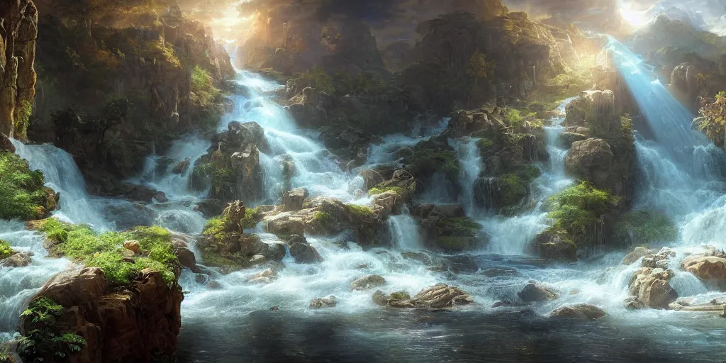 Image similar to creation of the world and heaven with a river of the water of life, clear as crystal, flowing from the throne of god and of the lamb by daniel f. gerhartz and matt stewart and thomas cole, fantasy, photorealistic, octane render, unreal engine, dynamic lighting