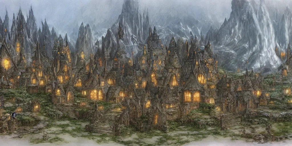 Image similar to elven town, art by john howe, alan lee, ted naismith, quinton hoover, j. r. r tolkien, lord of the rings, rpg, dungeons and dragons, elden ring, adventure, environment, smooth, sharp focus, deviantart, artstation