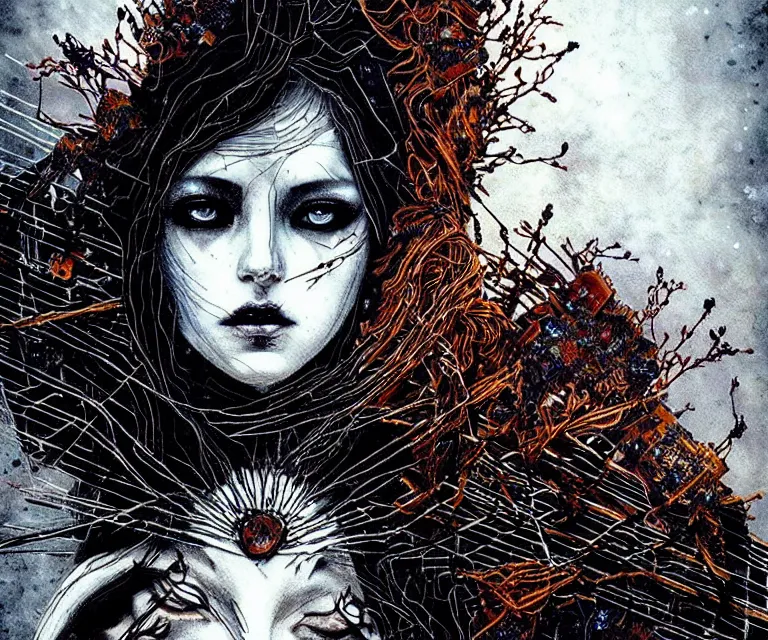 Prompt: stunning otherworldly gothic goddess of ice fire, dark and mysterious, atmospheric, ominous, eerie, cinematic, epic, 8 k, 4 k, ultra detail, ultra realistic, rendered by awesomeness. nights falling wind is blowwing snow is pilling concept art in style of carne griffiths artwork by xsullo el anatsui