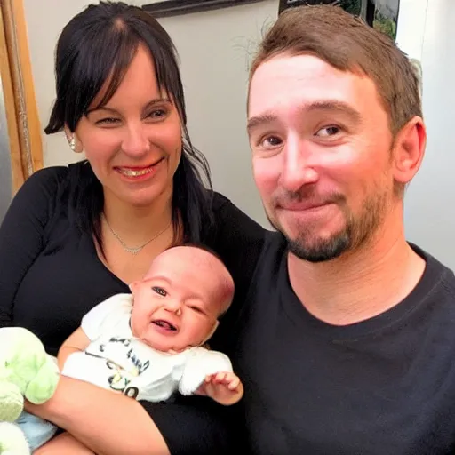 Image similar to a photo of a white man and his dark haired wife that are happy with their 3 month old baby boy. 2 pac can be seen in the background.