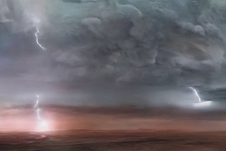 Prompt: a cinematic portrait of a cargo starship, landing in a mars base, green clouds and lightning storm, ridley scott and zack snyder, 8 k, hd, high resolution, 8 5 mm, f / 1. 8