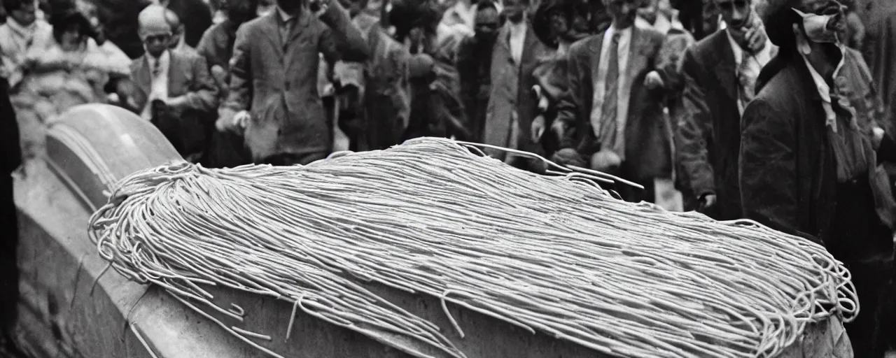 Prompt: a dead person in a coffin made of spaghetti, funeral procession, canon 5 0 mm, cinematic lighting, photography, retro, film, kodachrome