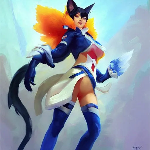 Image similar to greg manchess portrait painting of ahri as overwatch character, medium shot, asymmetrical, profile picture, organic painting, sunny day, matte painting, bold shapes, hard edges, street art, trending on artstation, by huang guangjian and gil elvgren and sachin teng