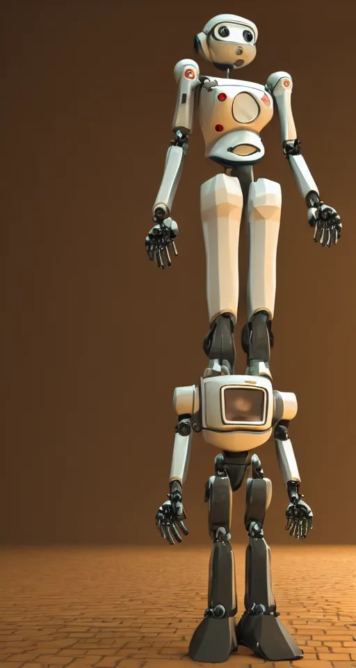 Prompt: a stylized image of a robot standing in front of a computer screen, a low poly render by miyamoto, polycount, photorealism, rendered in unreal engine, rendered in maya, ray tracing