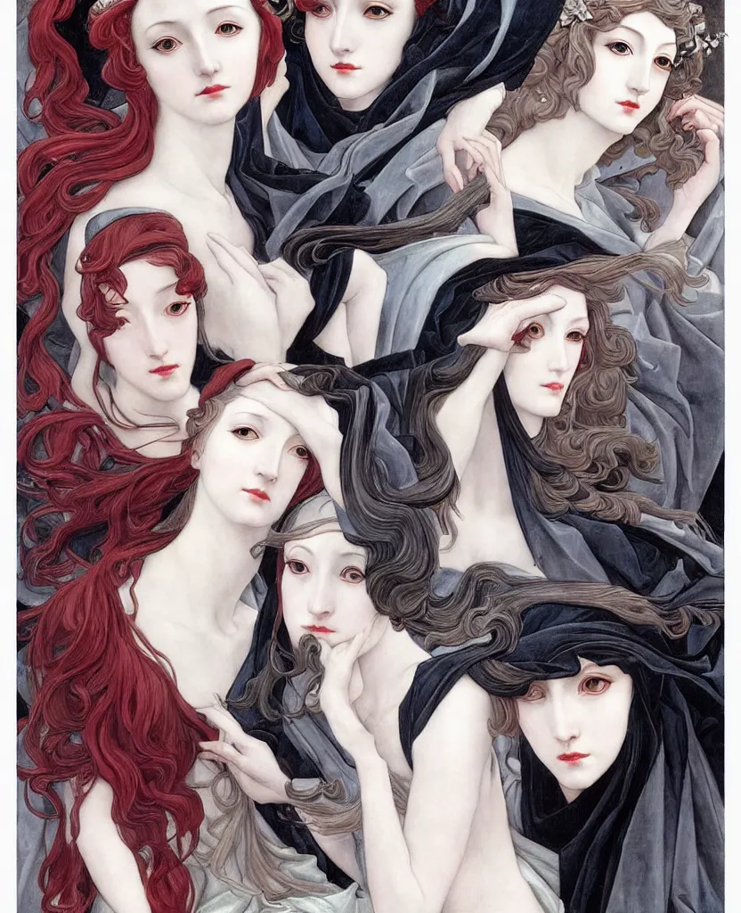 Image similar to 3 Winter Deities, (December, January, and February), in a mixed style of Æon Flux, Peter Chung, Botticelli, and John Singer Sargent, inspired by pre-raphaelite paintings, shoujo manga, and cool Japanese street fashion, sparse Winter landscape, dark and moody colors, hyper detailed, super fine inking lines, dramatic color, 4K extremely photorealistic, Arnold render