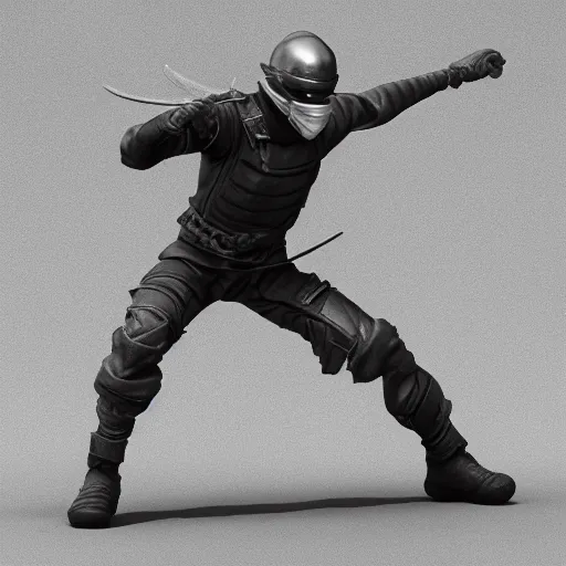 Image similar to 3 d rendering of marble and chrome statue of ninja wearing full face mask and hunter hat, combat suit, technological, octane render