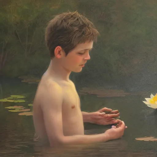 Prompt: in the style of William Whitaker, a boy is Looking at the lotus in the lake,very high details, facial details, Realism painting, 4K ,