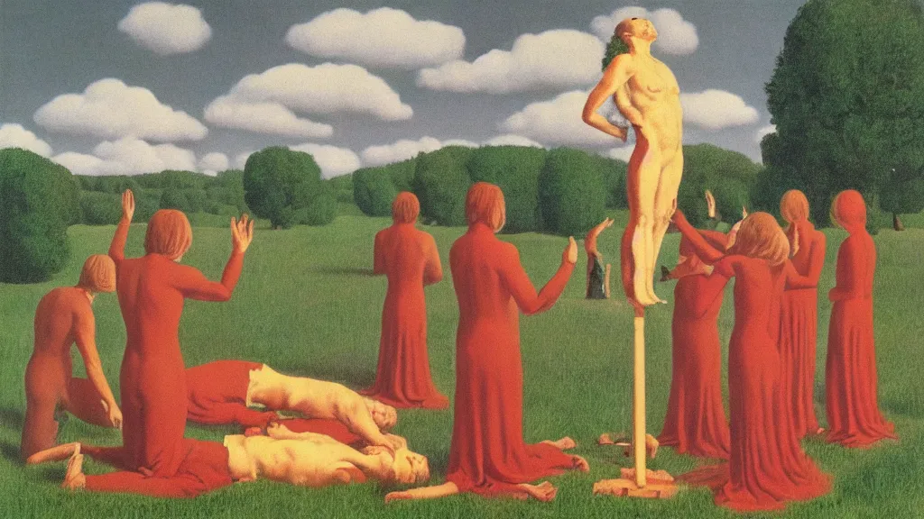Prompt: A vintage scientific illustration from the 1970s of a Swedish cult performing a human sacrifice to the gods during the midsummer festival in Sweden in the summer on the meadows by René Magritte