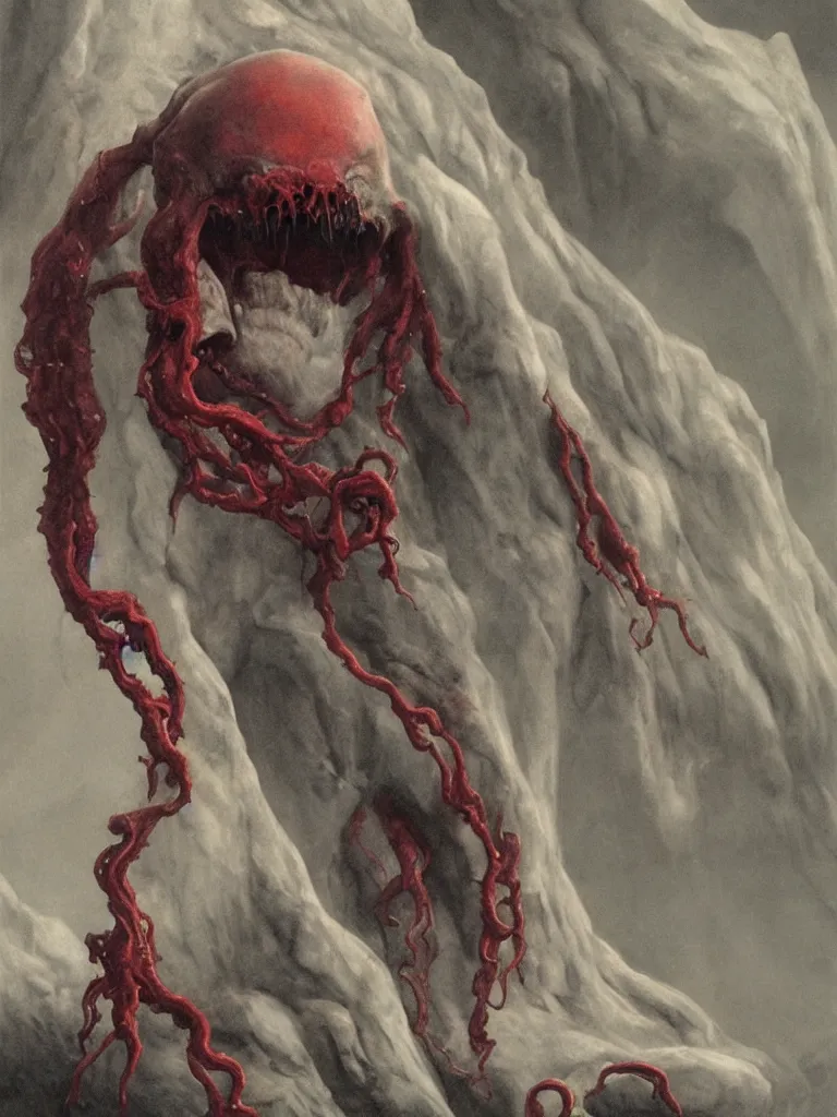 Image similar to painting by wayne barlowe of a flying sorrowful looking severed human head with tears running down it's eyes, face that is chalk white in color, with long sprawling white tentacles stemming down it's neck, fiery scorching red eyes, flying inside a terrifying hellish cave with lava flowing through it's walls, 4 k