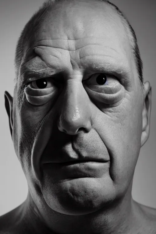 Prompt: studio portrait of man, 4 0 years, homer simpson lookalike, looks like a real life version of homer simpson, as if looking at a cartoon character, soft light, black background, fine skin details, close shot, award winning photo by arnold newman