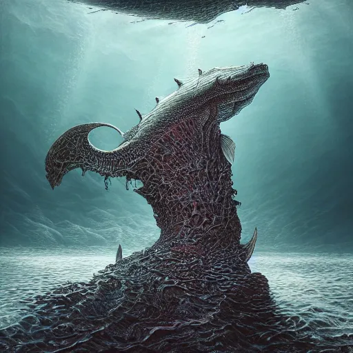 Image similar to photorealistic aquatic monster in the style of michael whelan and gustave dore. hyperdetailed photorealism, 1 0 8 megapixels, amazing depth, glowing rich colors, powerful imagery, psychedelic overtones, 3 d finalrender, 3 d shading, cinematic lighting, artstation concept art