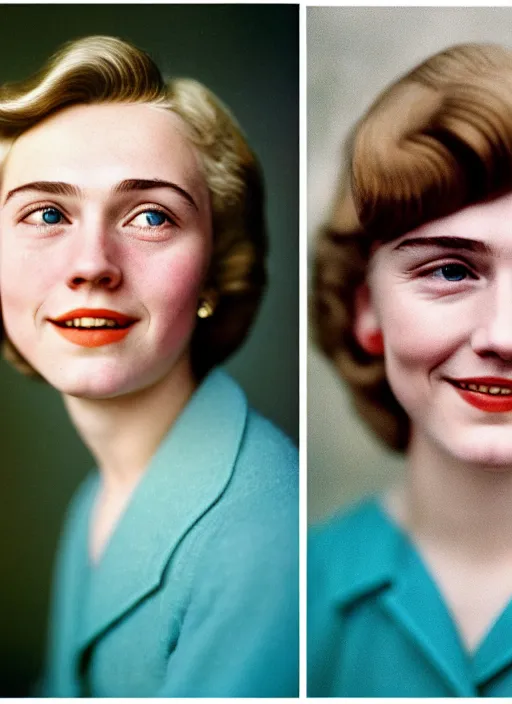 Prompt: kodak portra 4 0 0, 8 k, highly detailed, britt marling style, 3 / 4 photographic close, press award - winning colour portrait of a cute handsome 2 0 - year - old hillary clinton, turquoise, up face with 1 9 2 0's hairstyle, 1 9 2 0's style, asymmetrical, hasselblad