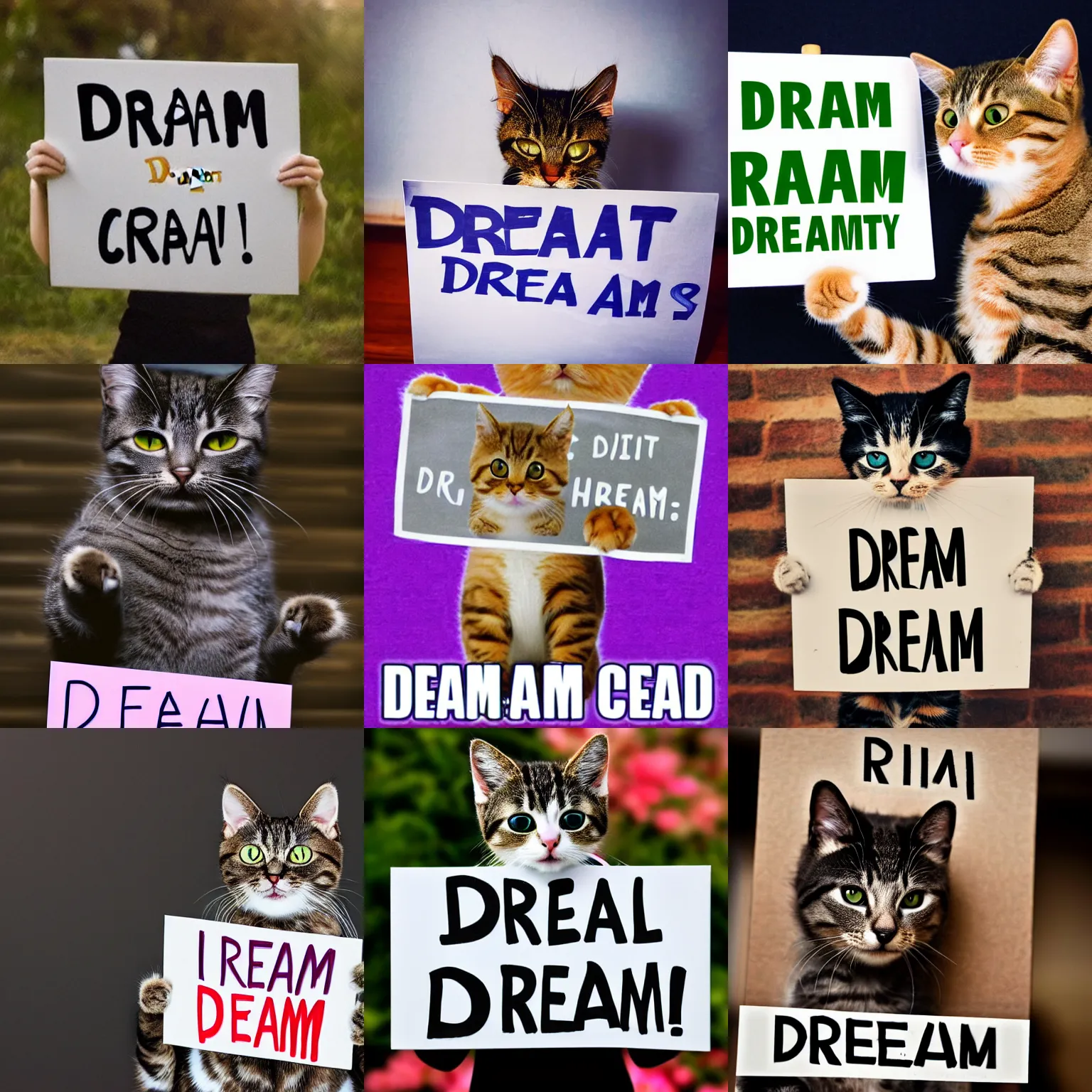 Image similar to realistic high quality photo of a cute cat holding a sign with text that reads : dream cat