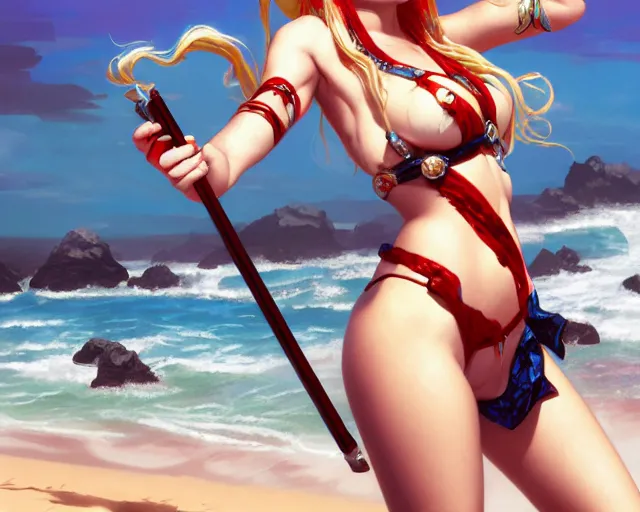 Image similar to photography of harley quinn in bikini at the beach, deep focus, d & d and mtg, fantasy, intricate, elegant, highly detailed, digital painting, artstation, concept art, matte, sharp focus, illustration, hearthstone, art by artgerm and greg rutkowski and alphonse mucha