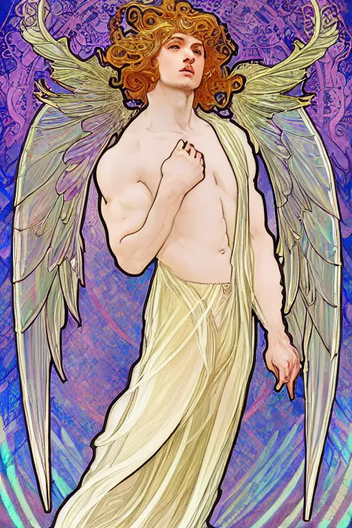 Image similar to full figure art nouveau window depicting a male angel with curly blond hairs, dressed with fluent clothes, majestic wings, luminous halo, by alfons mucha, d & d character, gradient white to gold, in front of an iridescent background, highly detailed portrait, digital painting, artstation, concept art, smooth, sharp focus, illustration, artstation hq