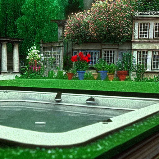 Image similar to hyperrealism photography computer simulation visualisation of detailed old bath in the detailed ukrainian village garden in dramatic scene from movie the big lebowski ( 1 9 9 8 )