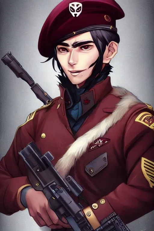 Image similar to beautiful portrait commission of a male furry anthro!!! fruit bat wearing military clothes and a maroon beret. Active Warzone with guns and explosions Atmospheric. Character design by charlie bowater, ross tran, artgerm, and makoto shinkai, detailed, inked, western comic book art