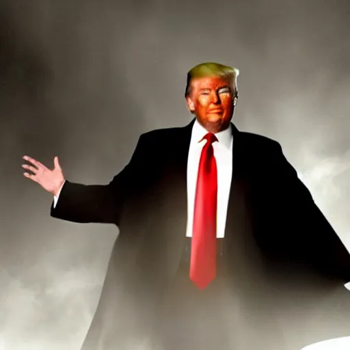 Prompt: still of donald trump as a fat batman. cinematic, god rays through fog