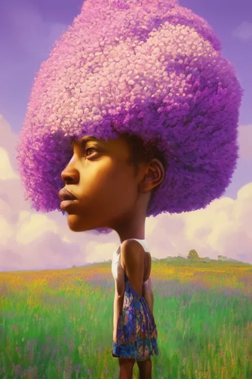 Image similar to portrait, giant lilac flower as head, black girl in heather field, surreal photography, golden hour, colorful clouds, impressionist painting, digital painting, artstation, simon stalenhag